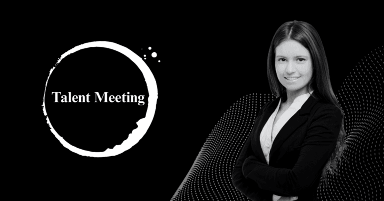 Profesional junto al logo de Talent Meeting sobre fondo negro. Identidad visual para la categoría de Búsqueda de Talento, headhunting y reclutamiento estratégico.