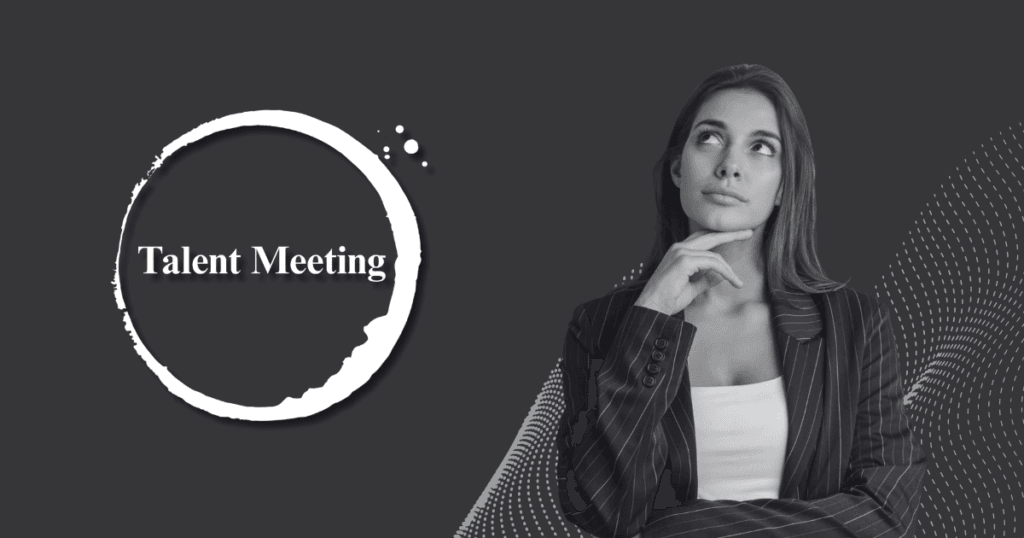 Profesional pensativa junto al logo de Talent Meeting sobre fondo oscuro. Identidad visual para la categoría de Desarrollo Profesional, resiliencia y crecimiento de talento.