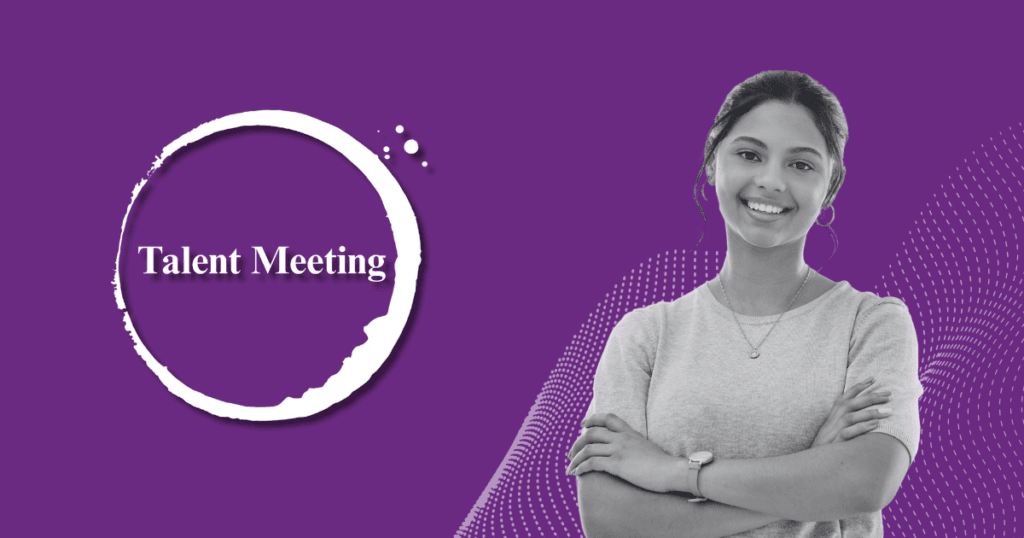 Profesional junto al logo de Talent Meeting sobre fondo morado. Identidad visual para la categoría de Evaluaciones psicométricas y ATS, medición de competencias y análisis de talento.