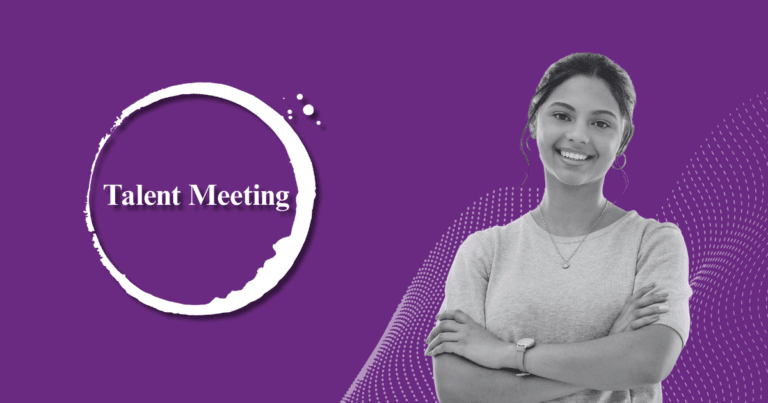 Profesional junto al logo de Talent Meeting sobre fondo morado. Identidad visual para la categoría de Evaluaciones psicométricas y ATS, medición de competencias y análisis de talento.