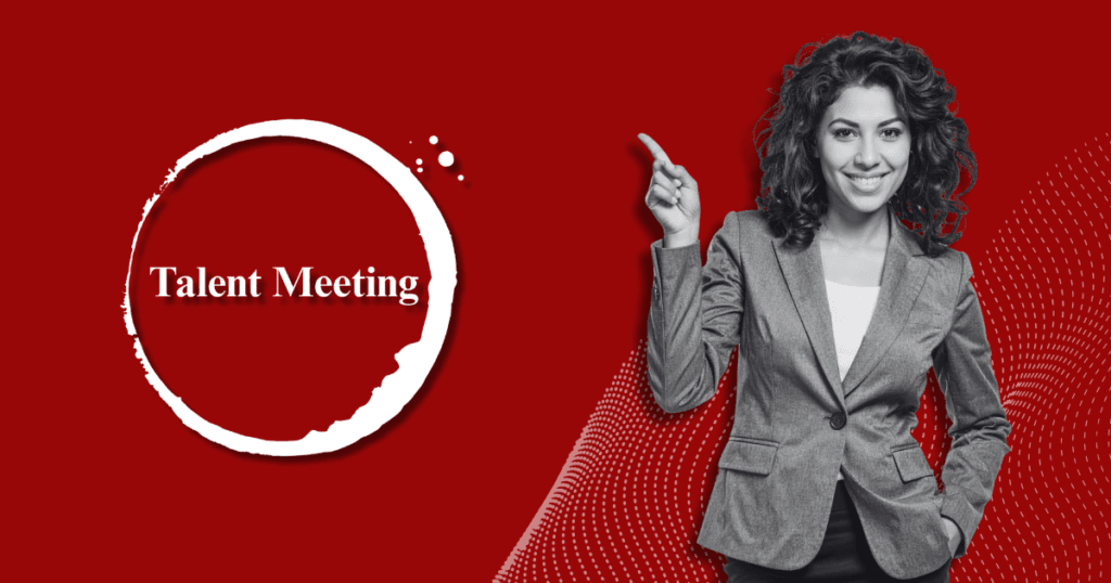 Profesional señalando junto al logo de Talent Meeting sobre fondo rojo. Identidad visual para la categoría de Reclutamiento Administrativo y talento técnico especializado.